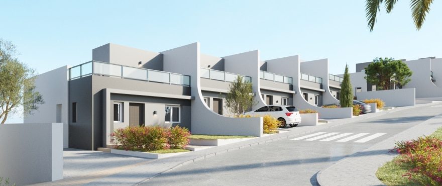 Modern white villas with terraces, landscaped gardens and parking on a sloping street of a 4-bedroom villa in Finestrat - The Estates