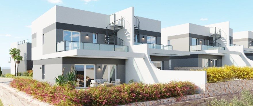 Modern villa exterior with terraces, spiral staircases and landscaped gardens in Finestrat - The Estates