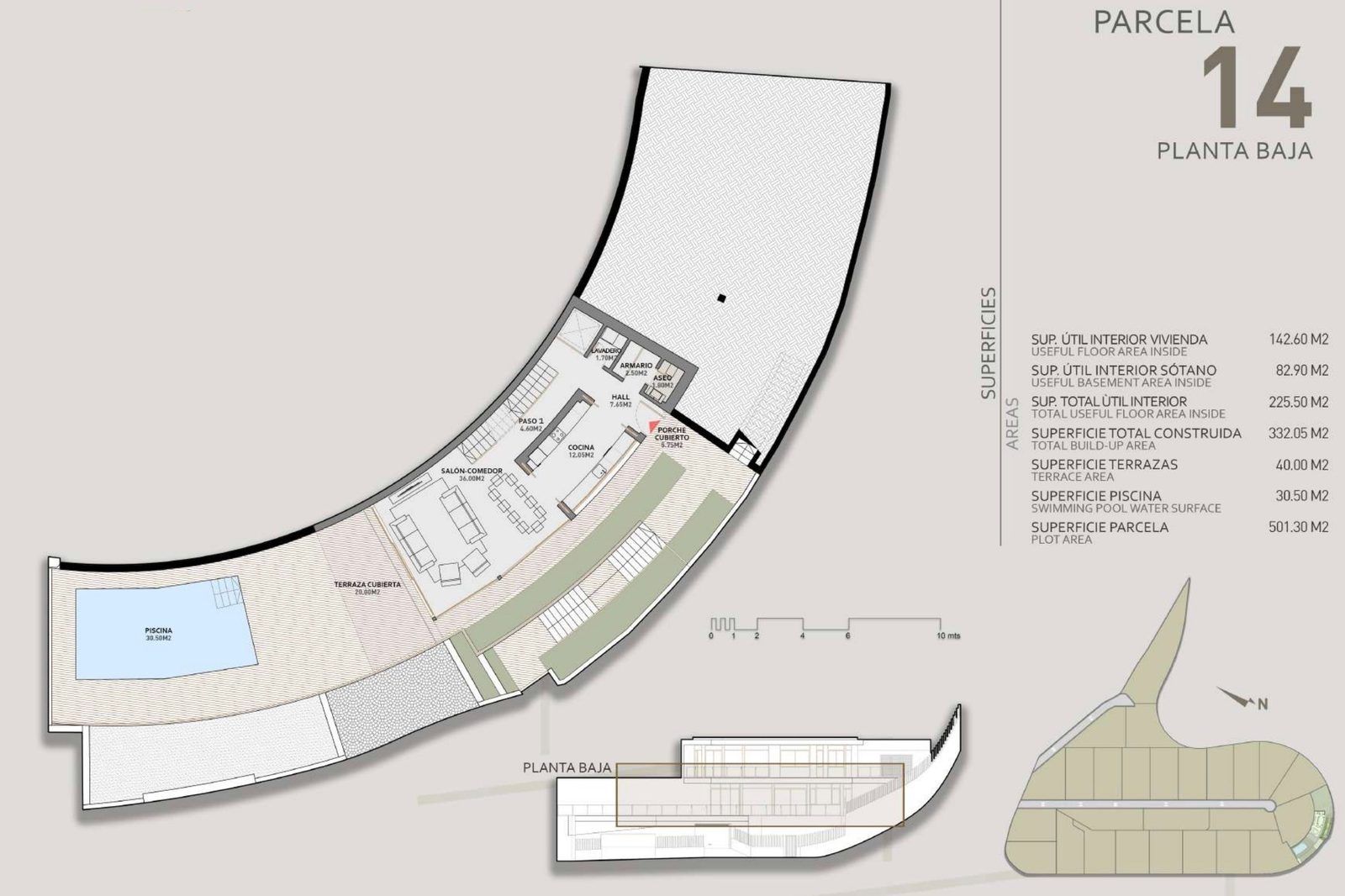 Ground-floor plan of a 3-bedroom villa with swimming pool and terraces in Benidorm - The Estates