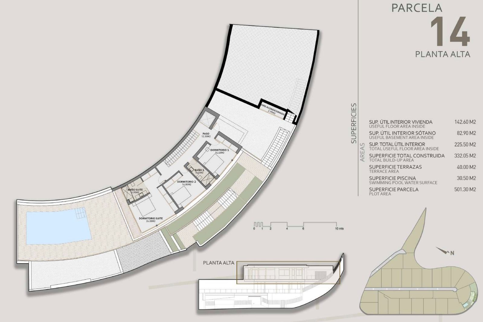 Upper-floor plan showing three bedrooms, pool and terraces of a 3-bedroom villa in Benidorm —