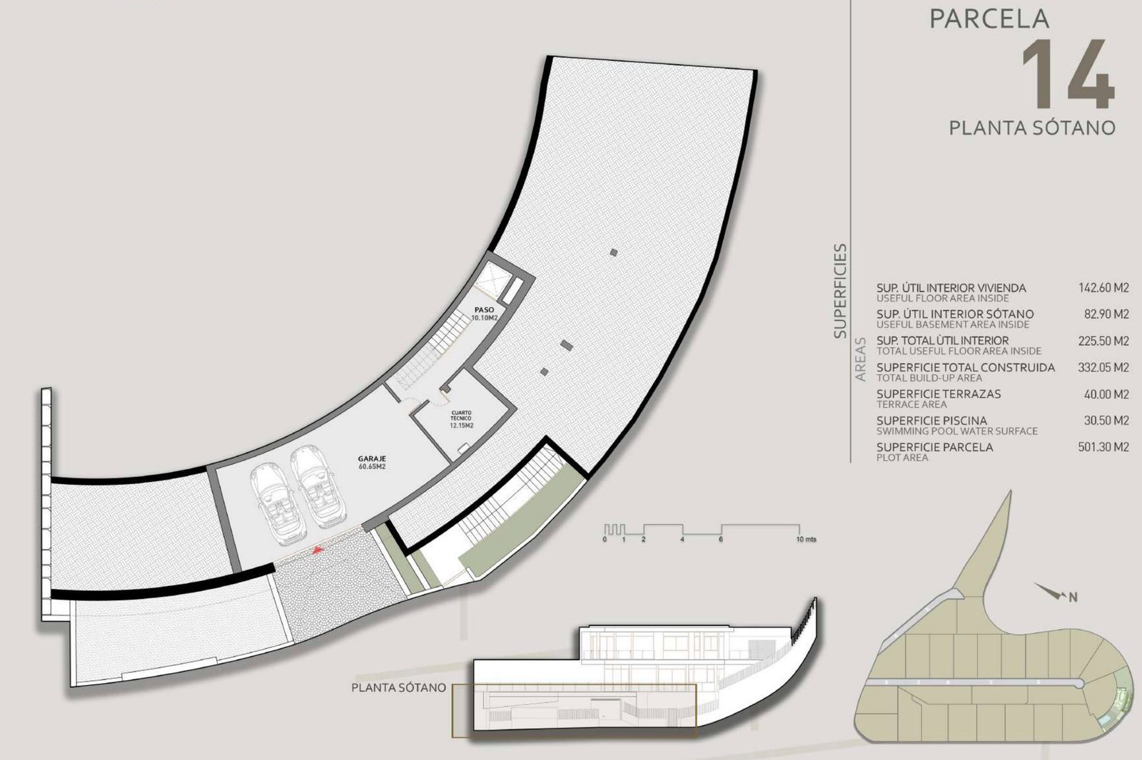 Basement floor plan showing garage, utility room and access area of a 3-bedroom villa in Benidorm - The Estates