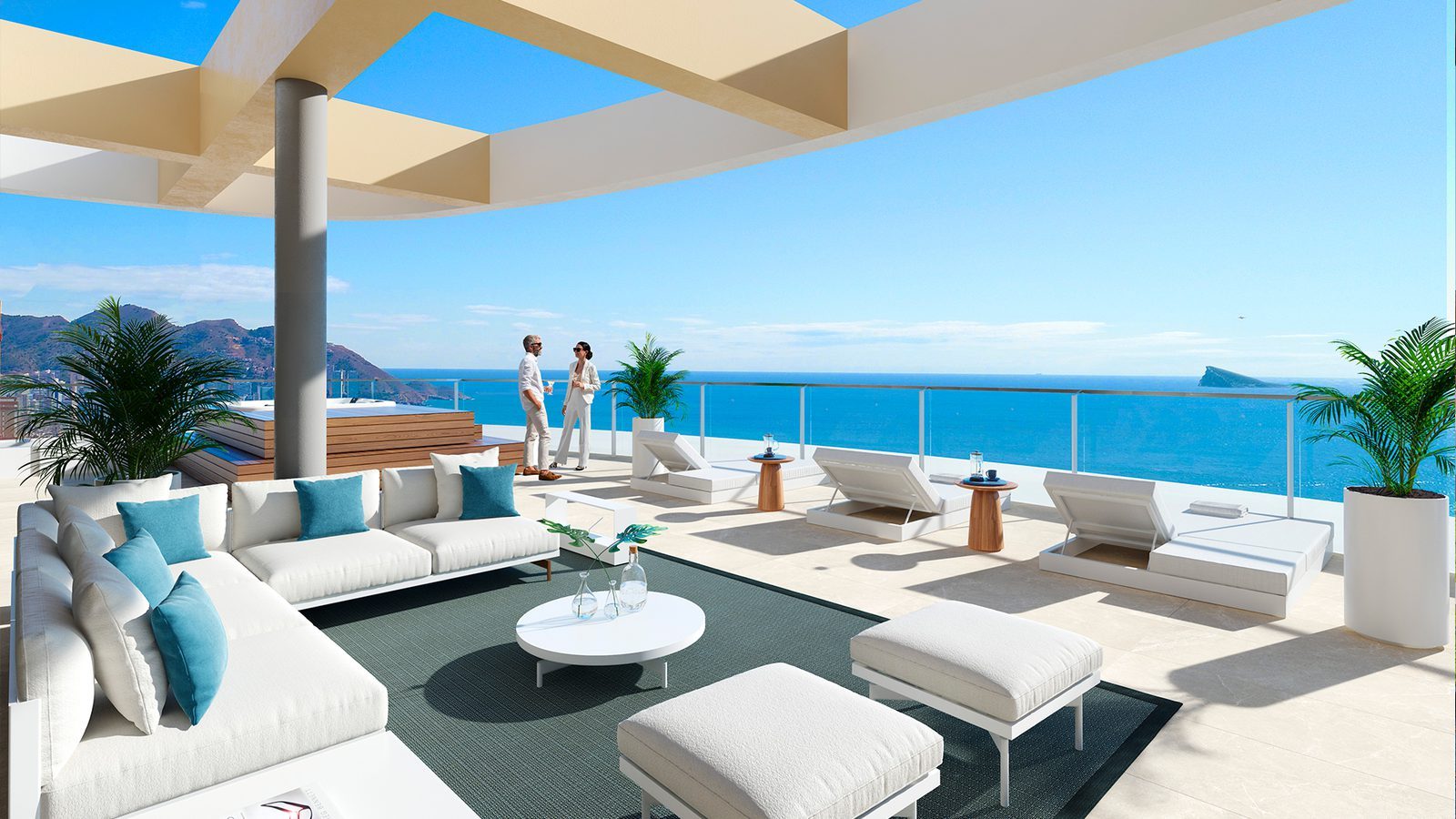 Rooftop terrace with outdoor seating and panoramic sea views of a 3-bedroom apartment in Benidorm - The Estates