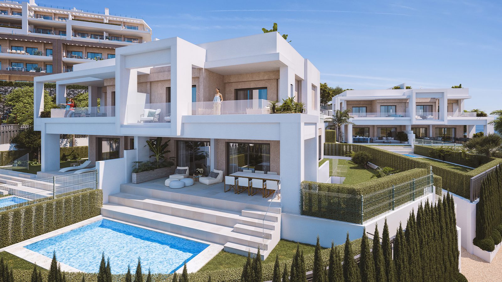 Exterior view of a modern 3-bedroom semi-detached in Estepona with sea and countryside views - The Estates