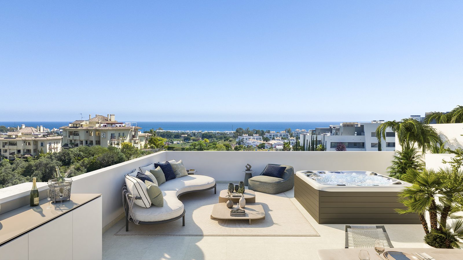 Rooftop terrace with a hot tub and seating overlooking the sea and countryside - The Estates