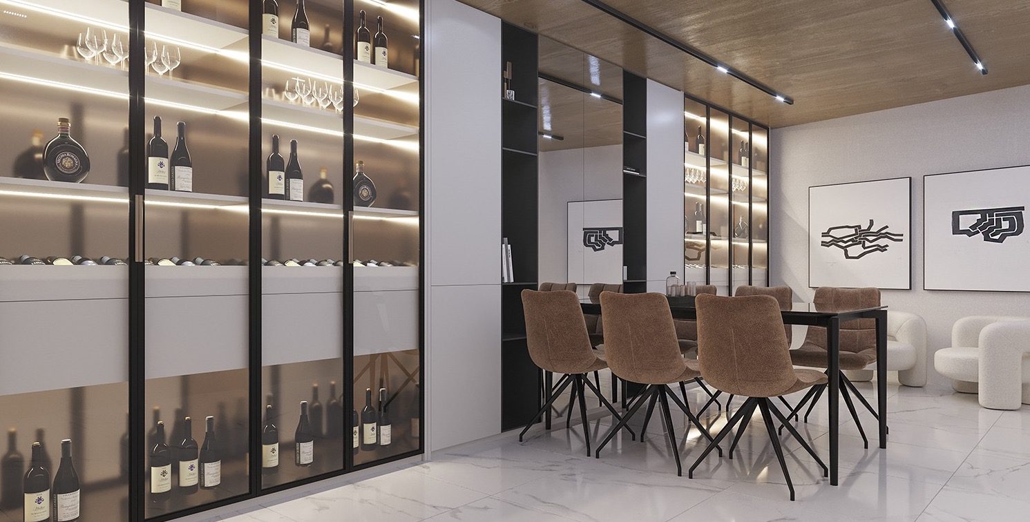 Stylish wine storage and dining area in a 5-bedroom villa in Moraira - The Estates