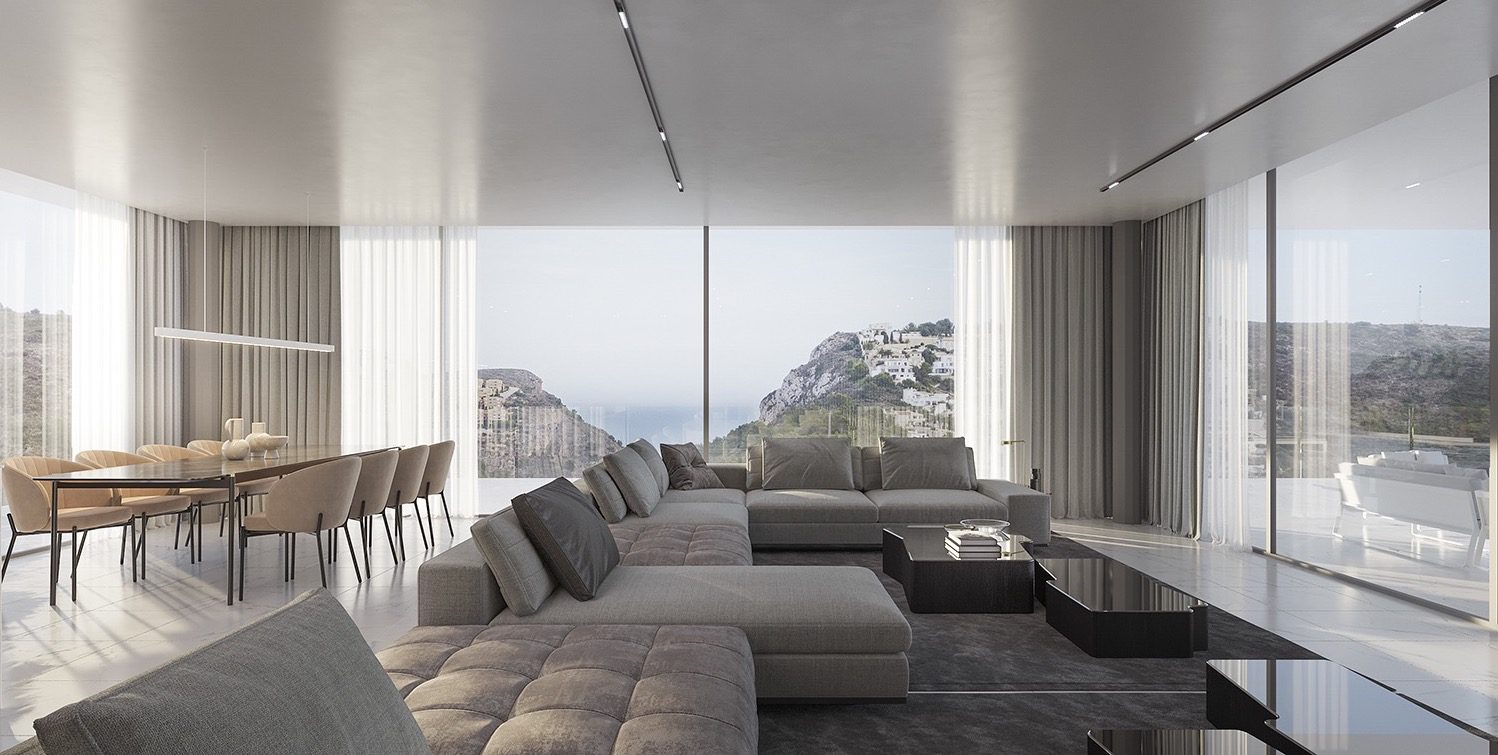 Stylish living room with panoramic sea and mountain views of a 5-bedroom villa in Moraira - The Estates