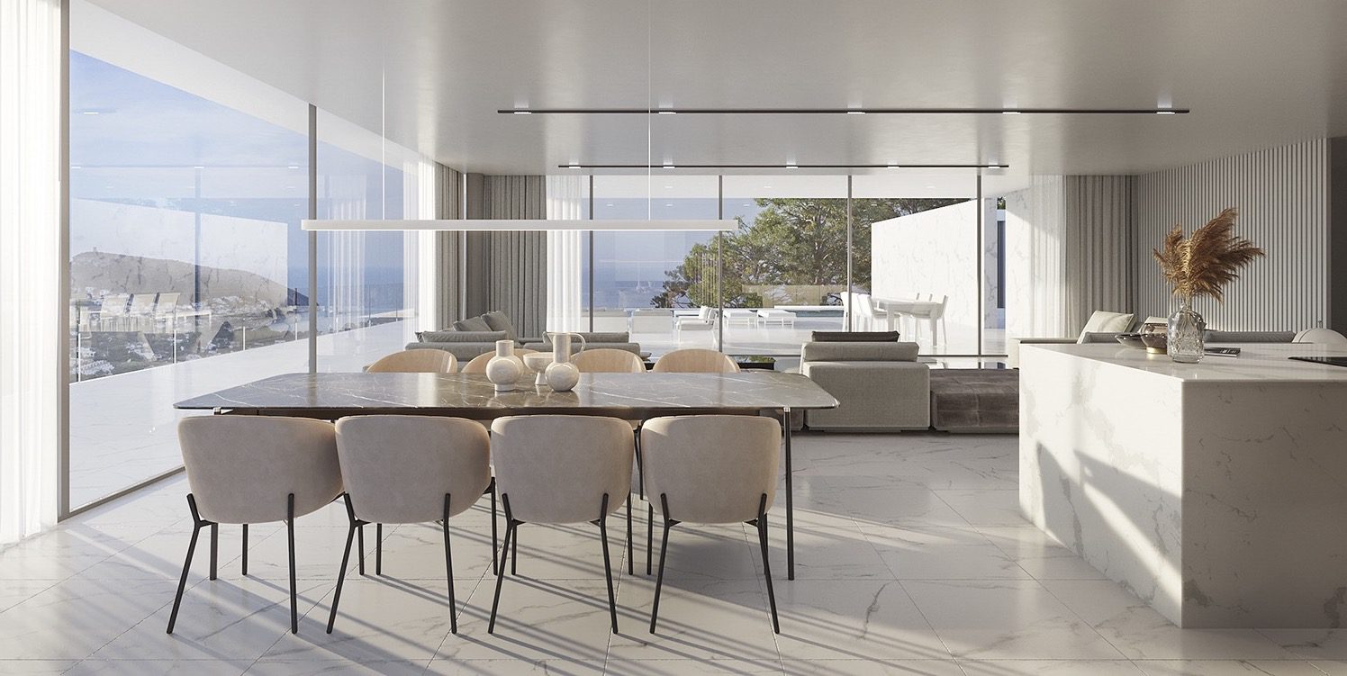 Elegant dining and living area with sea views in a 5-bedroom villa in Moraira - The Estates