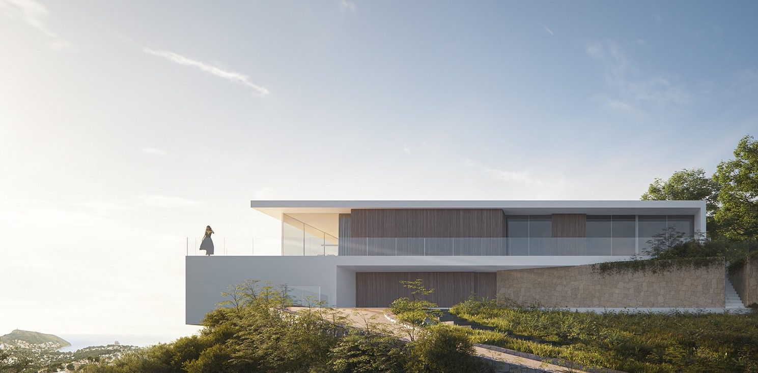 Modern villa exterior with sea and mountain views in Moraira - The Estates