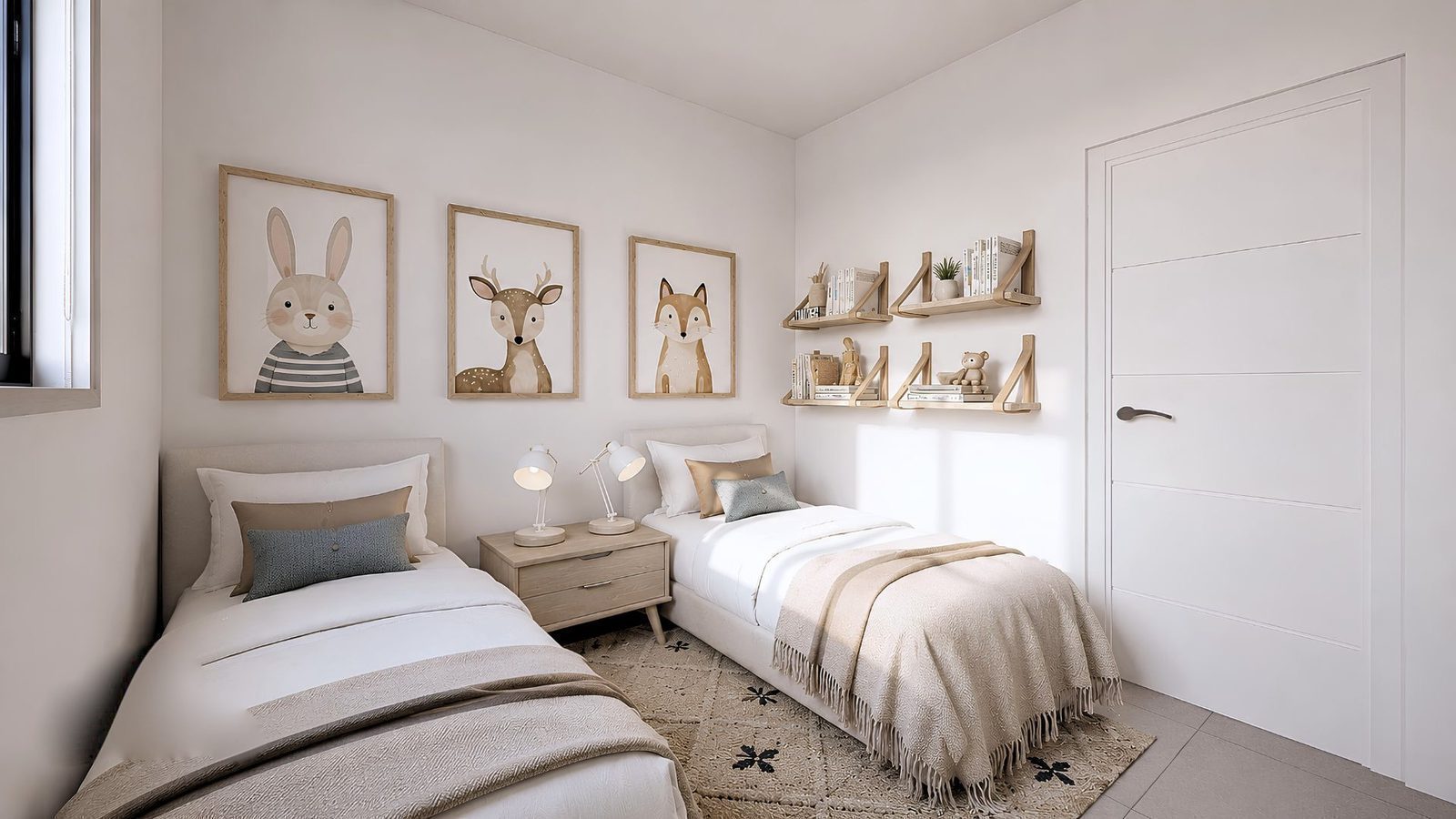 A bright bedroom with twin beds and decorative artwork in a 2-bedroom apartment in Jávea - The Estates