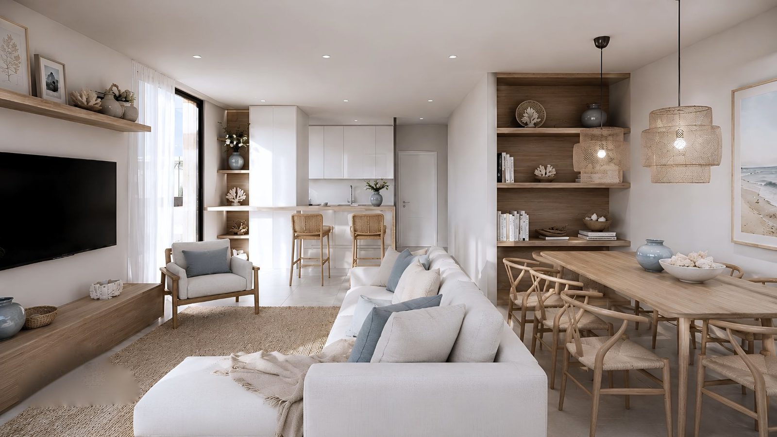 Stylish living room and kitchen area of a 2-bedroom apartment in Jávea - The Estates