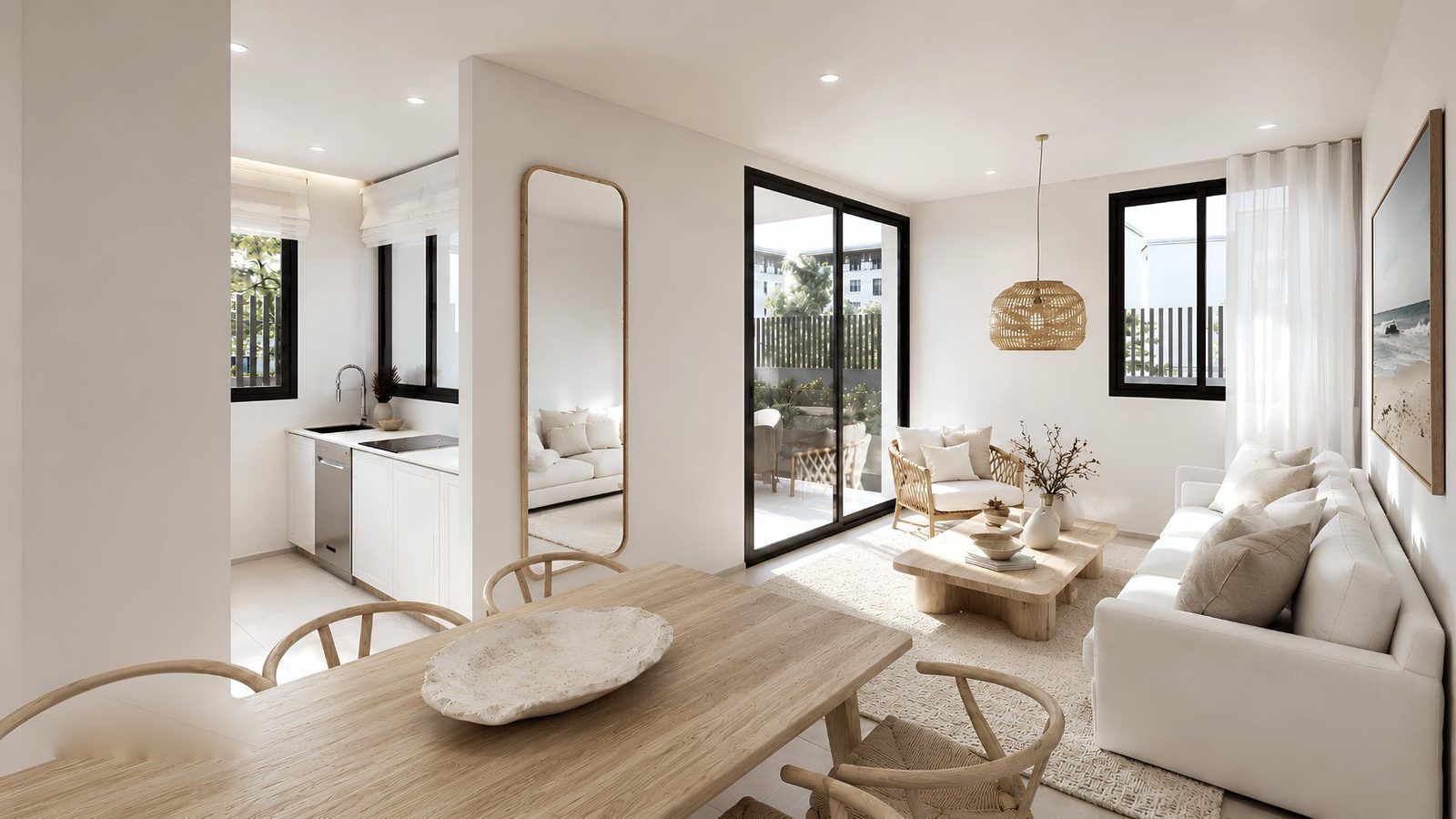 Bright living area with a dining table and sofa in a 2-bedroom apartment in Jávea - The Estates