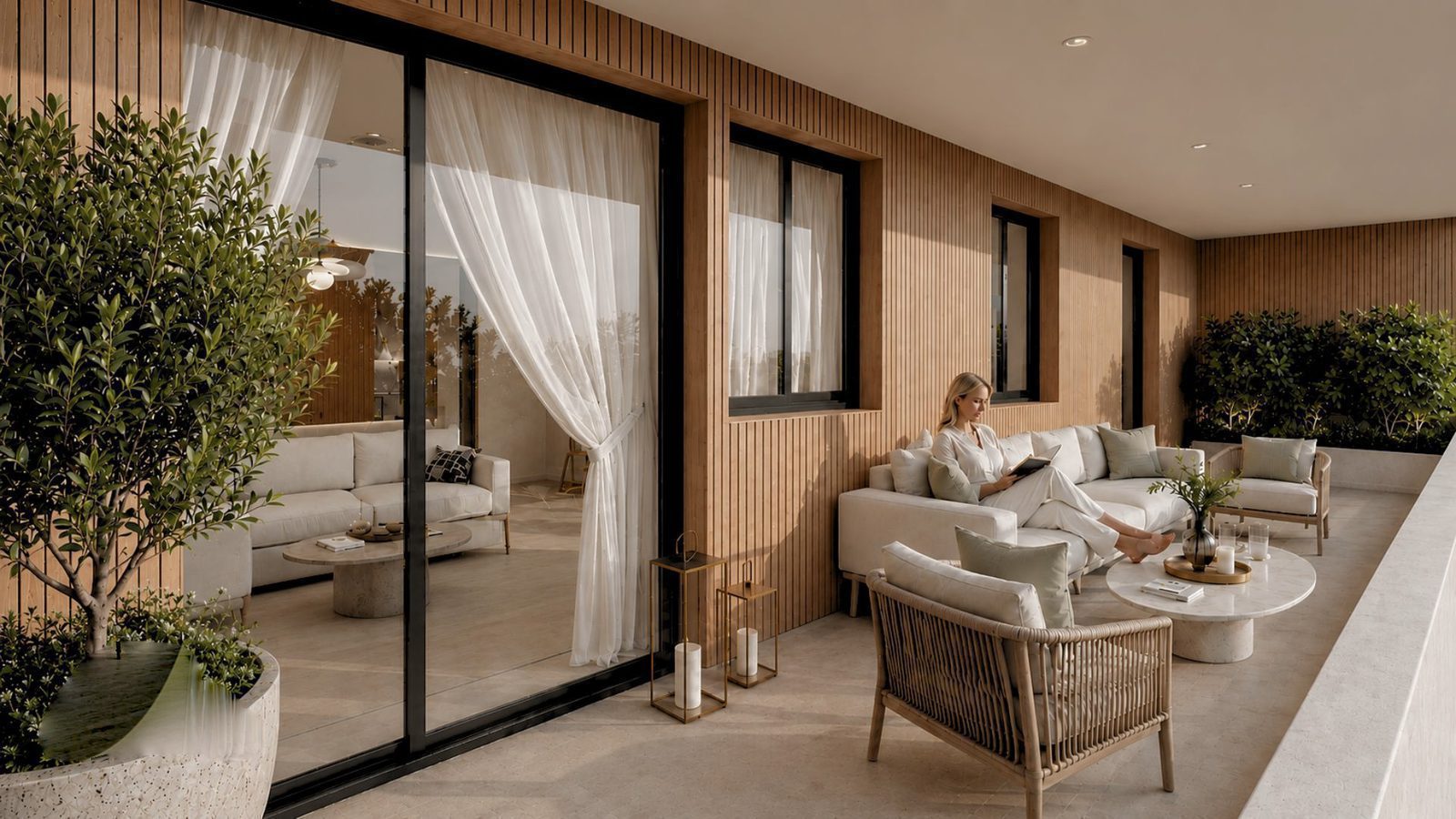 A stylish outdoor living area with seating and greenery, a 2-bedroom apartment in Jávea - The Estates