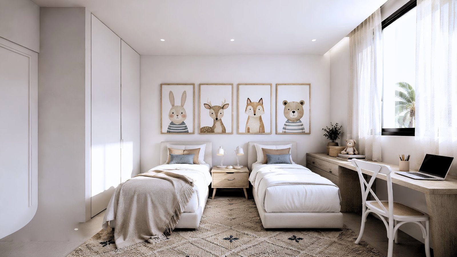 A bright bedroom with twin beds and playful artwork in a 2-bedroom apartment in Jávea - The Estates