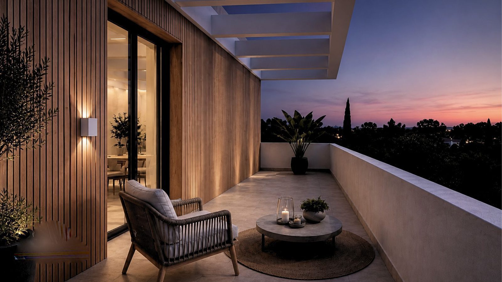 A stylish balcony with seating and a view of a garden at a 2-bedroom apartment in Jávea - The Estates