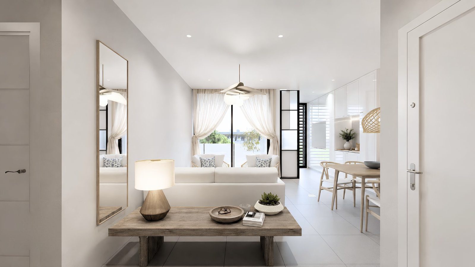 Bright living area with a view of the garden in a 2-bedroom apartment in Jávea - The Estates