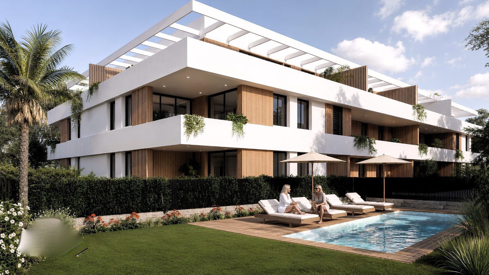 Modern apartment building with a pool and garden area in Jávea - The Estates
