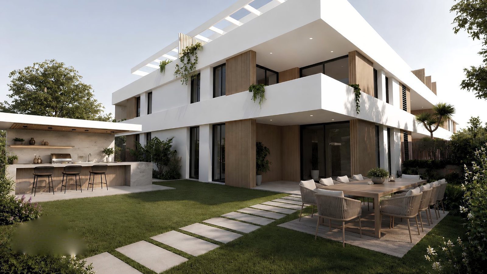 Exterior view of a modern 2-bedroom apartment with a garden and outdoor dining area in Jávea - The Estates