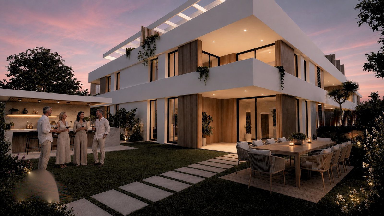 Exterior view of a 2-bedroom apartment with a garden and outdoor dining area in Jávea - The Estates