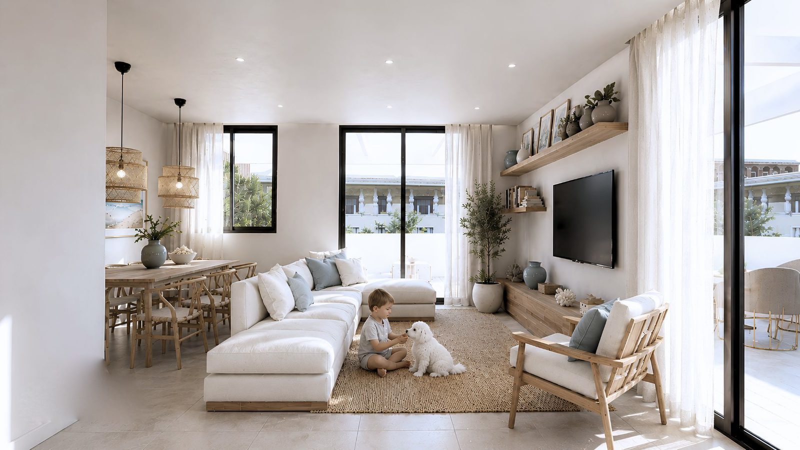 A bright living room with a sofa and dining area in a 2-bedroom apartment in Jávea - The Estates