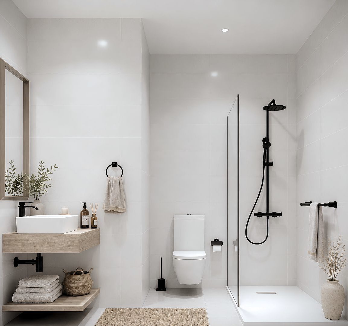 A modern bathroom with a walk-in shower in a 2-bedroom apartment in Jávea - The Estates
