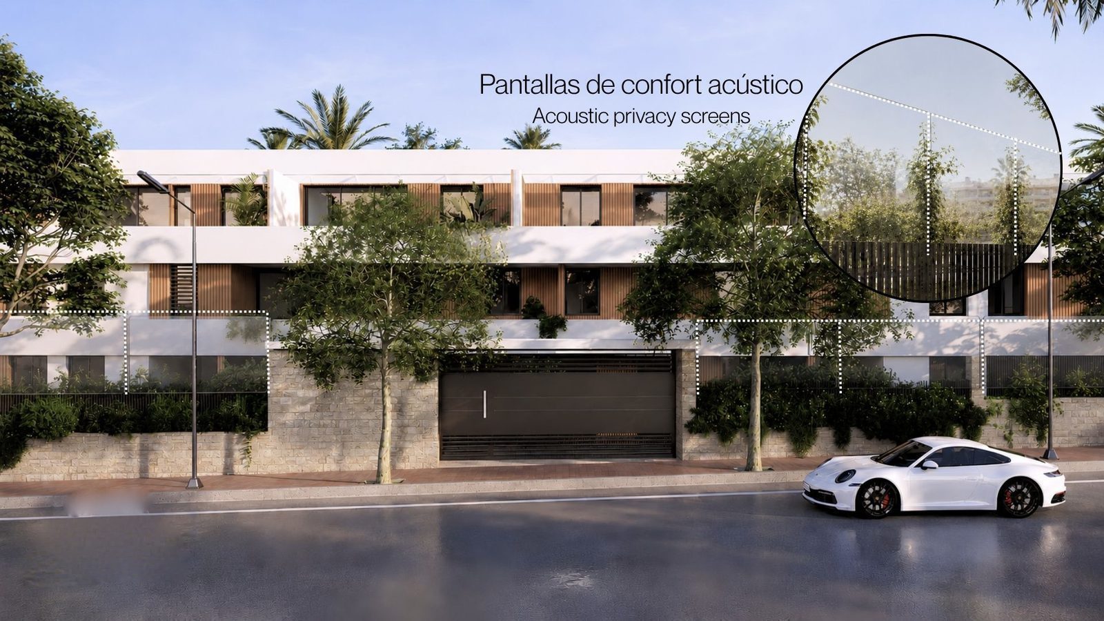 Exterior view of a 2-bedroom apartment with acoustic privacy screens in Jávea - The Estates
