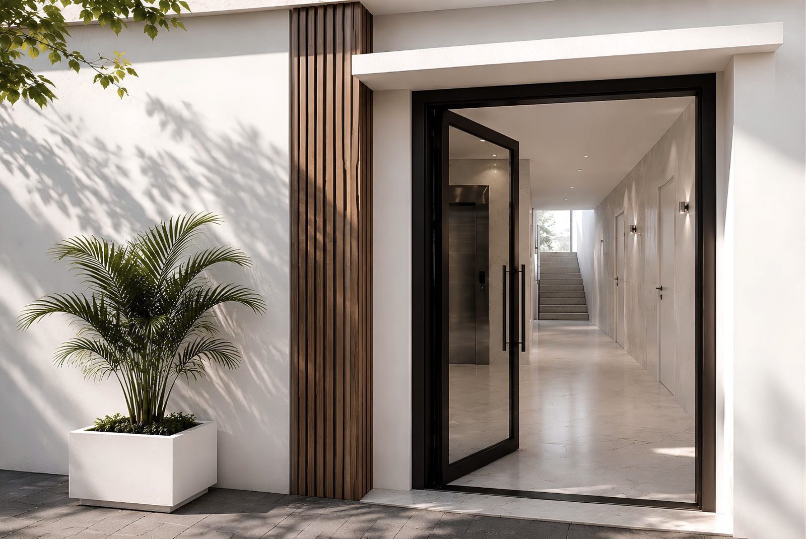 Modern apartment entrance with a palm tree and hallway view of a 2-bedroom apartment in Jávea - The Estates