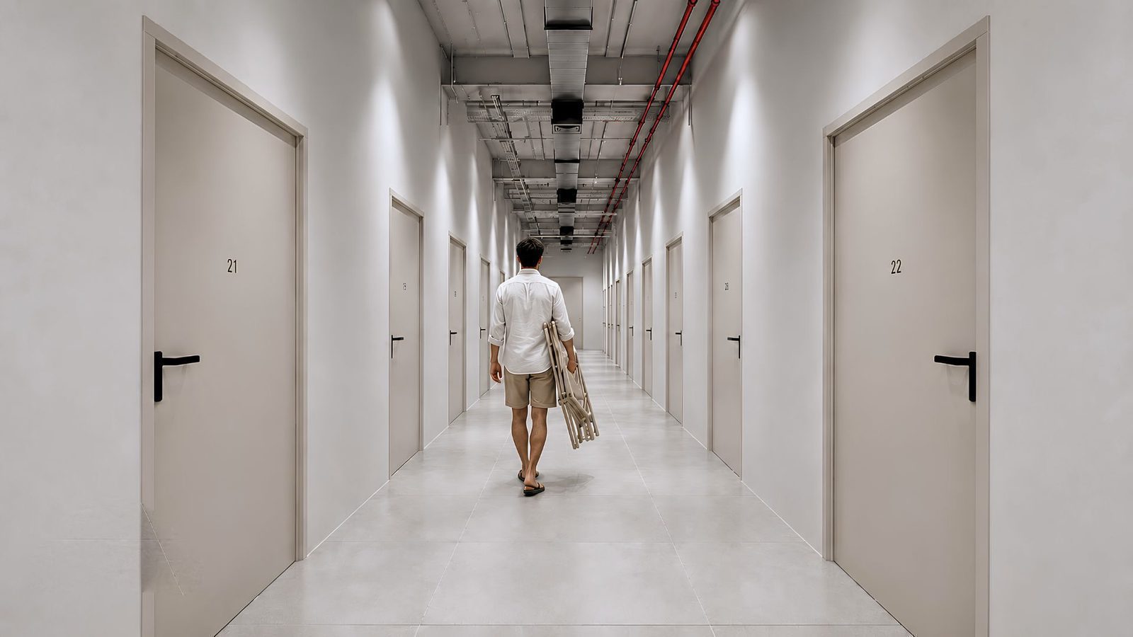A modern apartment hallway with doors and a person walking away - The Estates