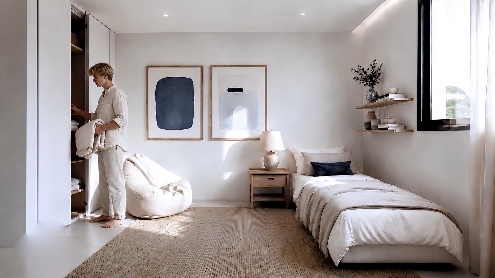 A bright bedroom with a single bed and artwork in a 2-bedroom apartment in Jávea - The Estates