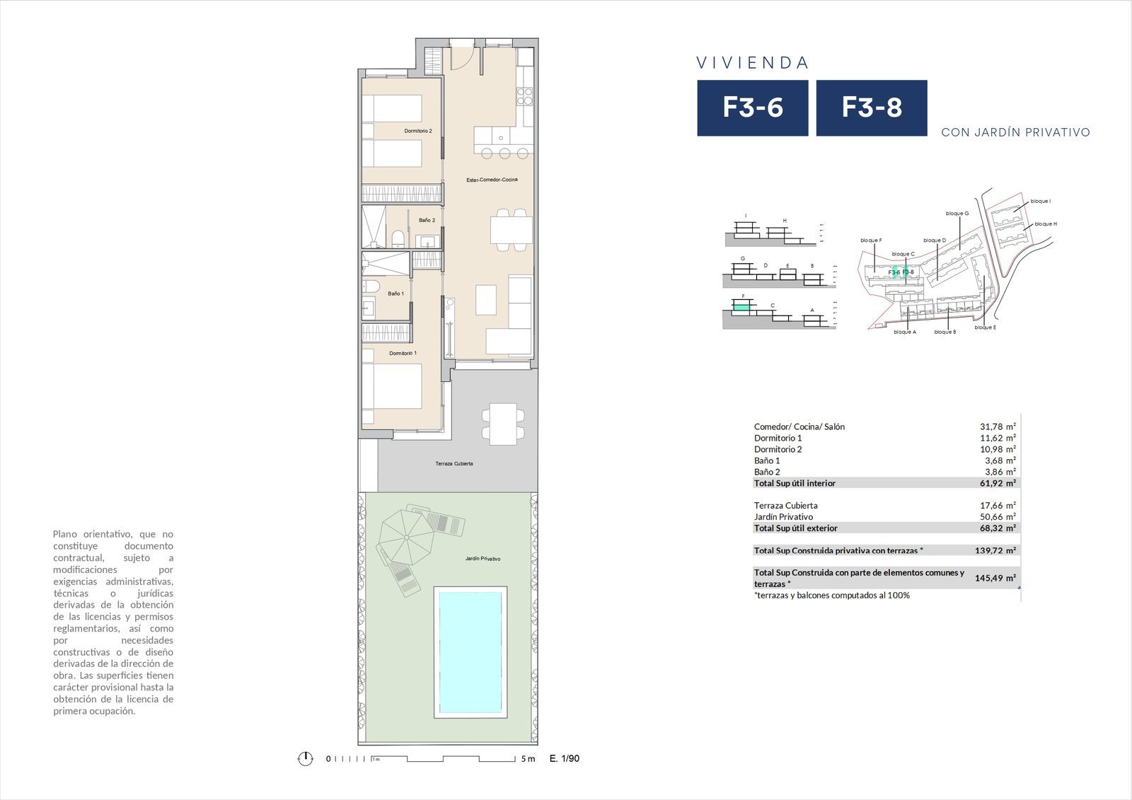 Floor plan of a 2-bedroom apartment with garden and mountain views in Alfaz del Pi - The Estates