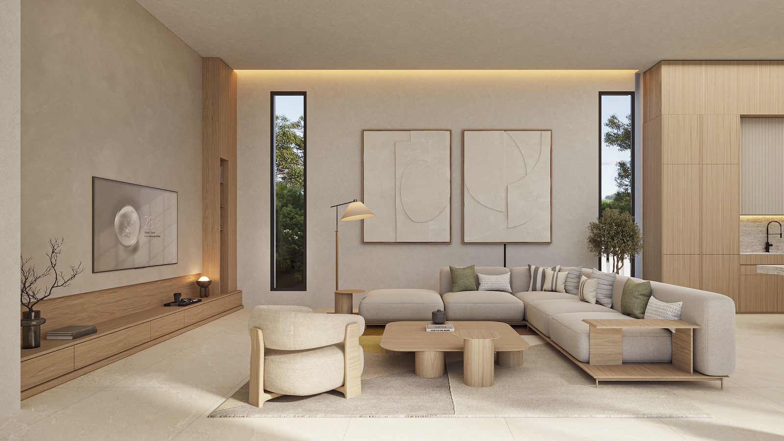 Contemporary living room with sectional sofa, lounge chair and wood cabinetry in a 3-bedroom villa in Calpe - The Estates