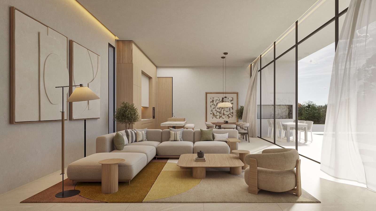 Open-plan living and dining room with garden