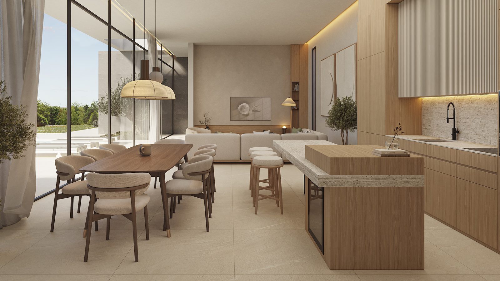 Open-plan kitchen, dining and living area with garden views of a 3-bedroom villa in Calpe - The Estates