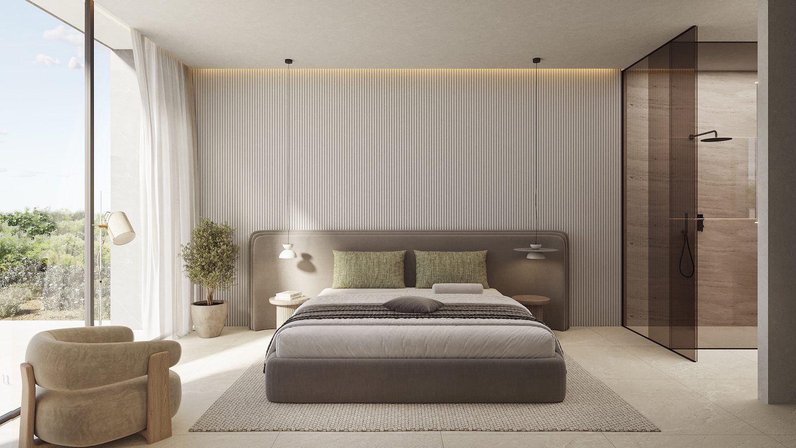 Modern master bedroom with garden views and ensuite shower of a 3-bedroom villa in Calpe - The