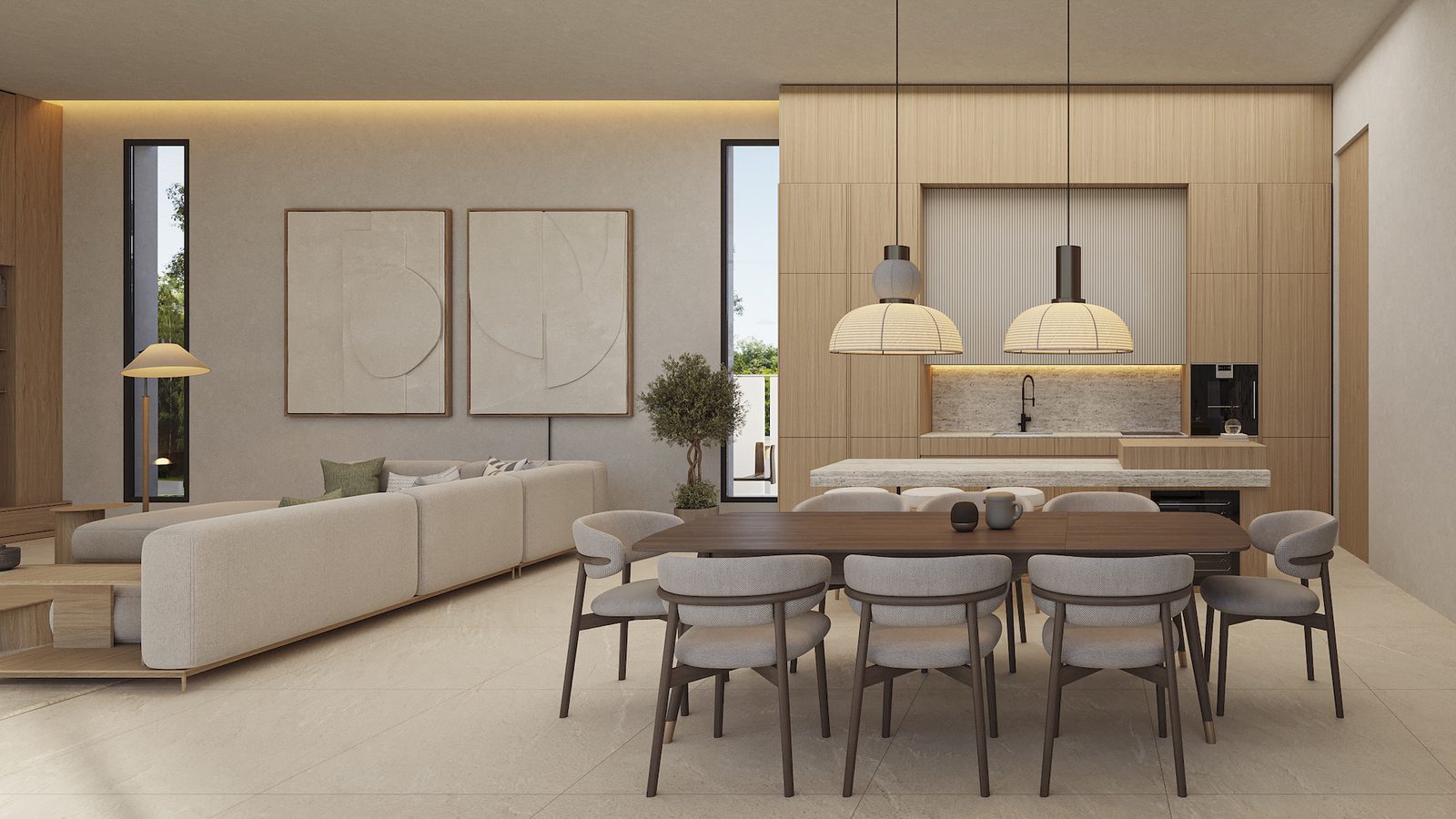 Open-plan living and dining area with fitted kitchen in a 3-bedroom villa in Calpe - The Estates