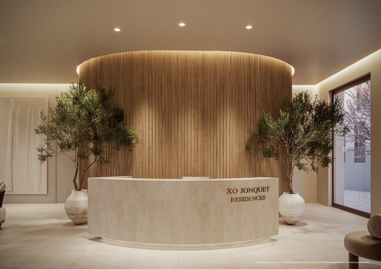 Elegant reception desk with wood feature wall and potted trees in a 5-bedroom villa in Puerto de Palma - The Estates