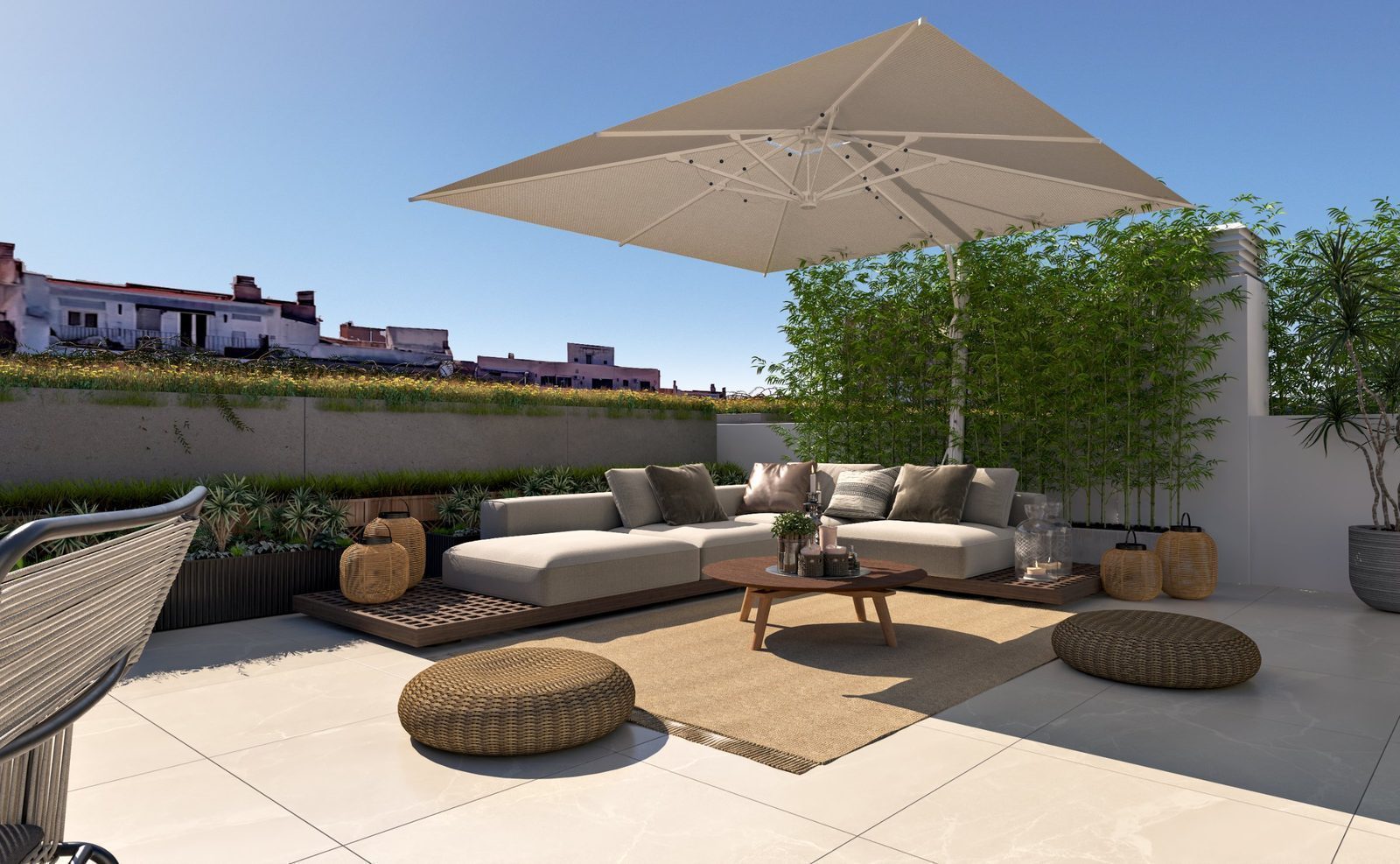 Rooftop terrace with outdoor seating, plants and parasol of a 3-bedroom penthouse in Palma - The Estates