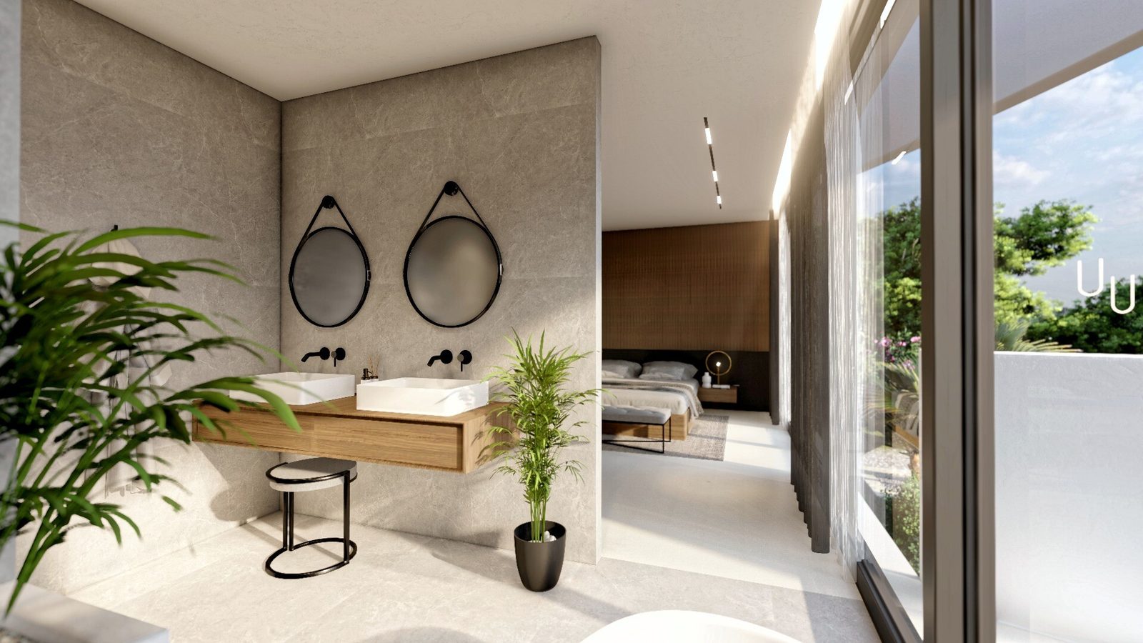 Contemporary bathroom with twin vessel sinks opening onto a bedroom of a 4-bedroom villa in Altea - The Estates