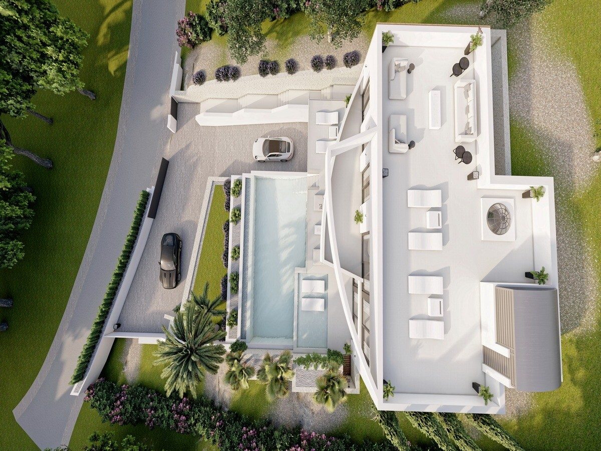 Aerial view of a modern villa with pool, terraces and landscaped gardens in Altea - The Estates