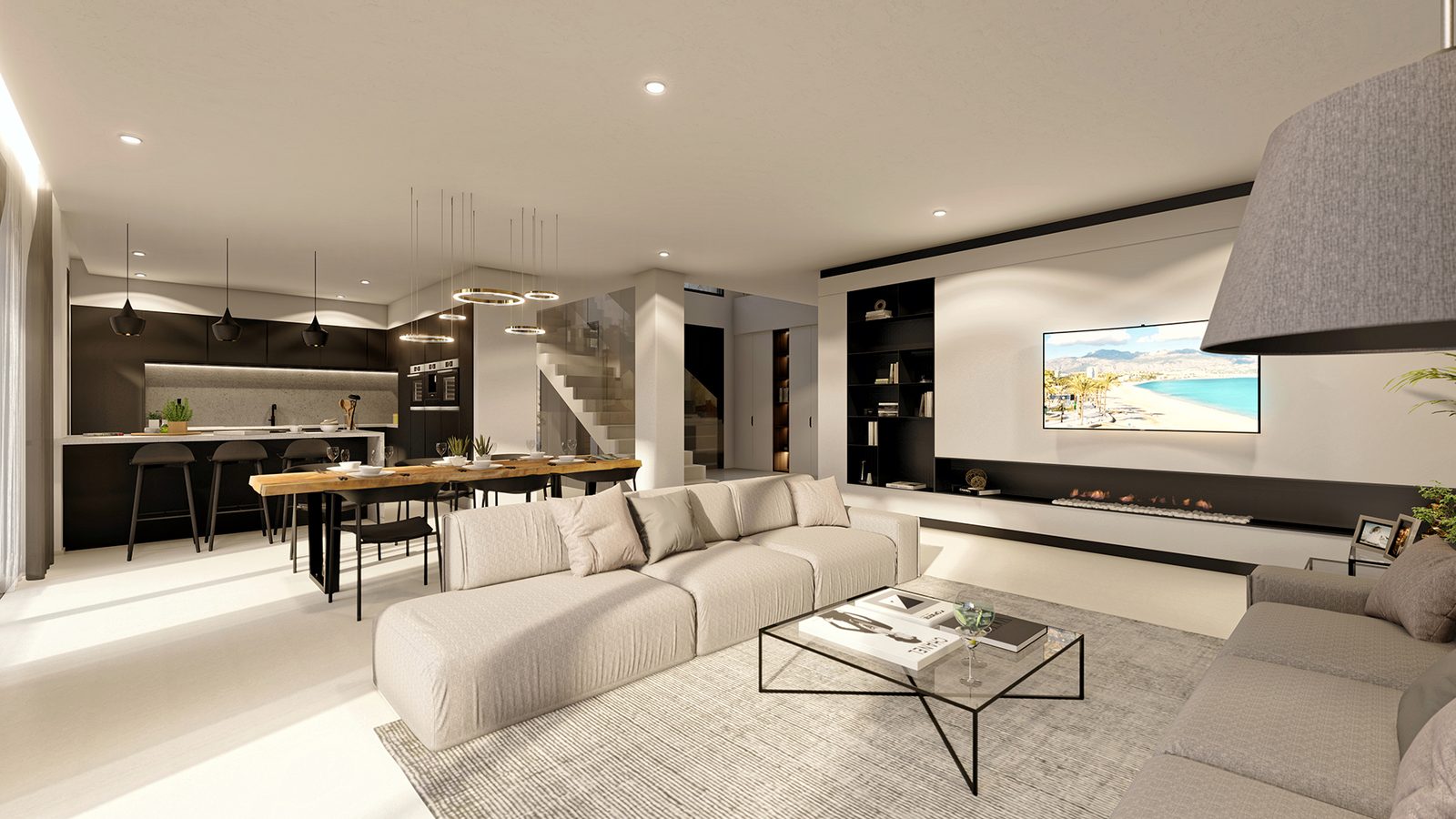 Contemporary open-plan living room, kitchen and dining area of a 4-bedroom villa in Altea - The Estates