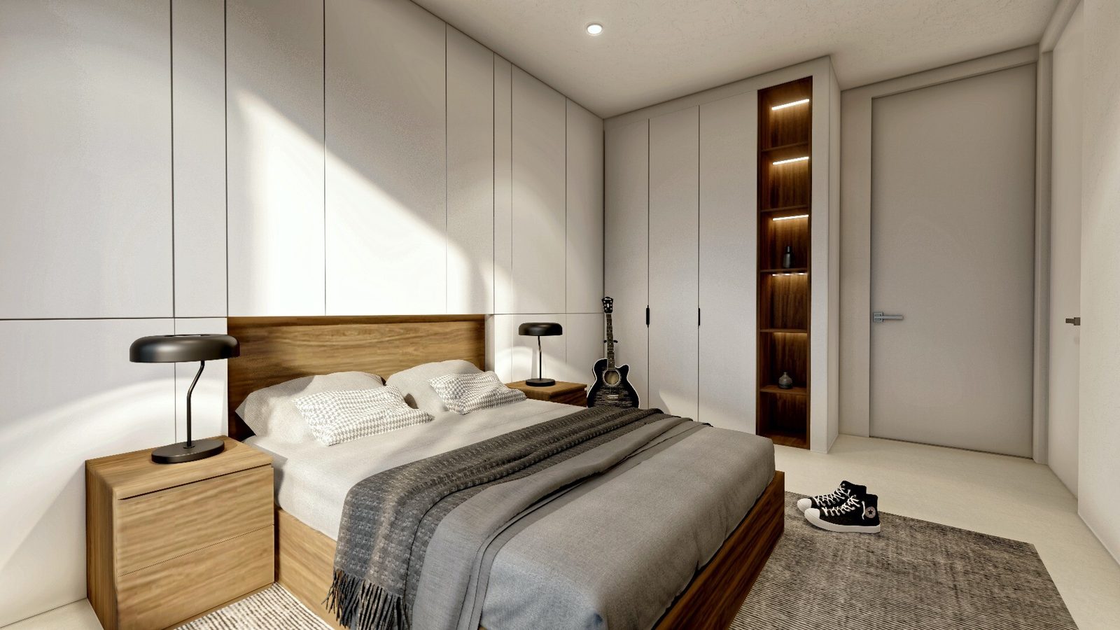 Modern bedroom with fitted wardrobes, wooden bed and guitar of a 4-bedroom villa in Altea - The Estates