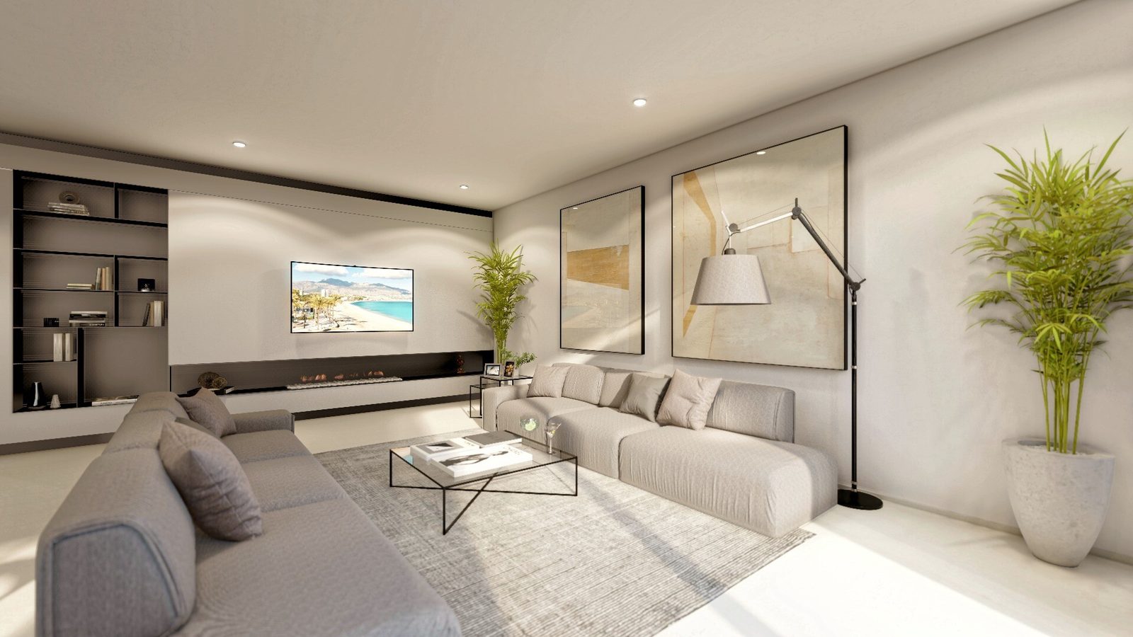 Modern living room with sofas, fireplace and wall-mounted TV in a 4-bedroom villa in Altea - The Estates