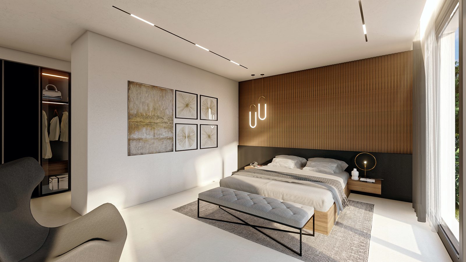 Modern master bedroom with wood-panelled feature wall, upholstered bed and dressing area in a 4-bedroom villa in Altea - The Estates