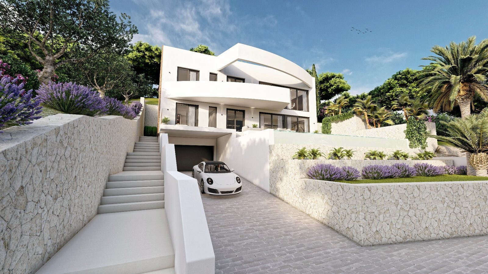 Modern white exterior with landscaped terraces, driveway and garage of a