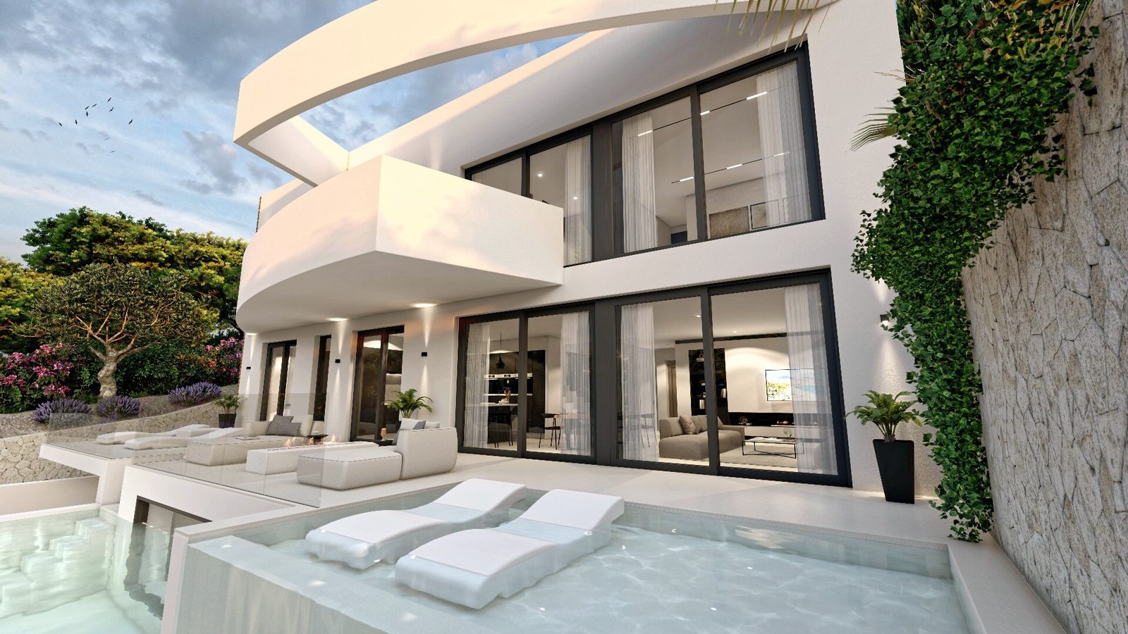 Modern exterior with infinity pool and sun loungers of a 4-bedroom villa in Altea - The Estates