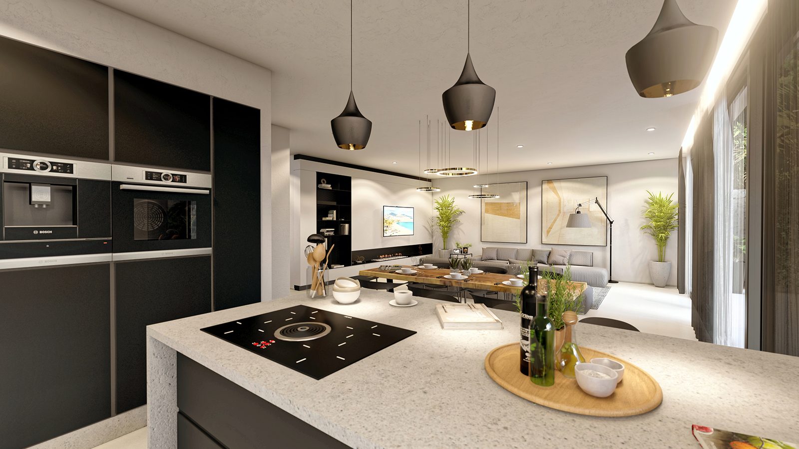 Modern open-plan kitchen and living area in a 4-bedroom villa in Altea - The Estates