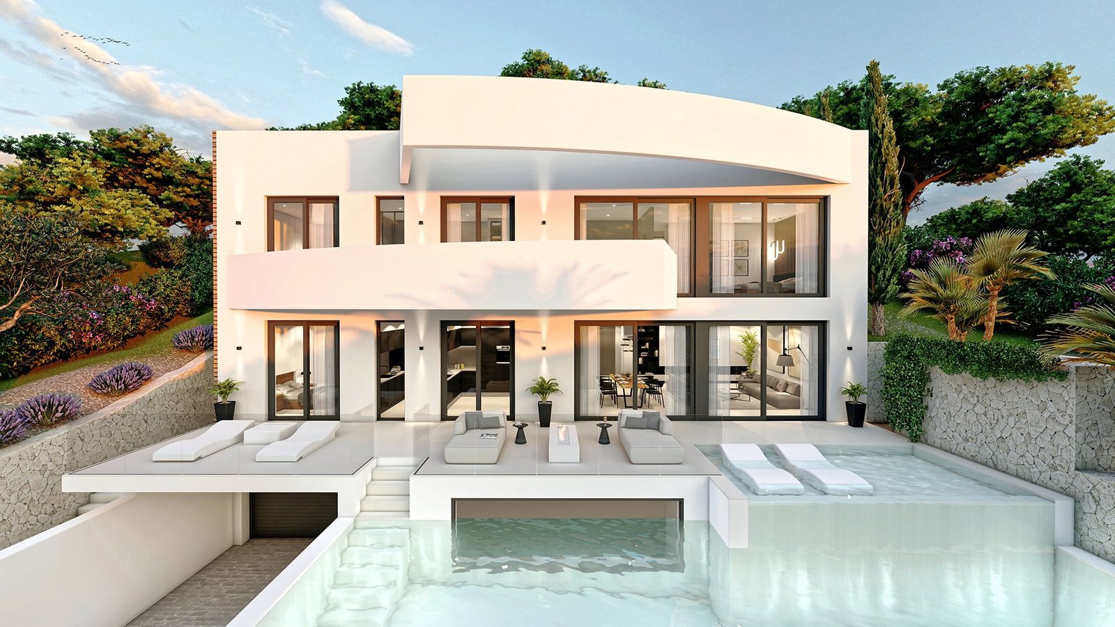 Modern villa exterior with terraces, landscaped gardens and swimming pool of a 4-bedroom villa in Al