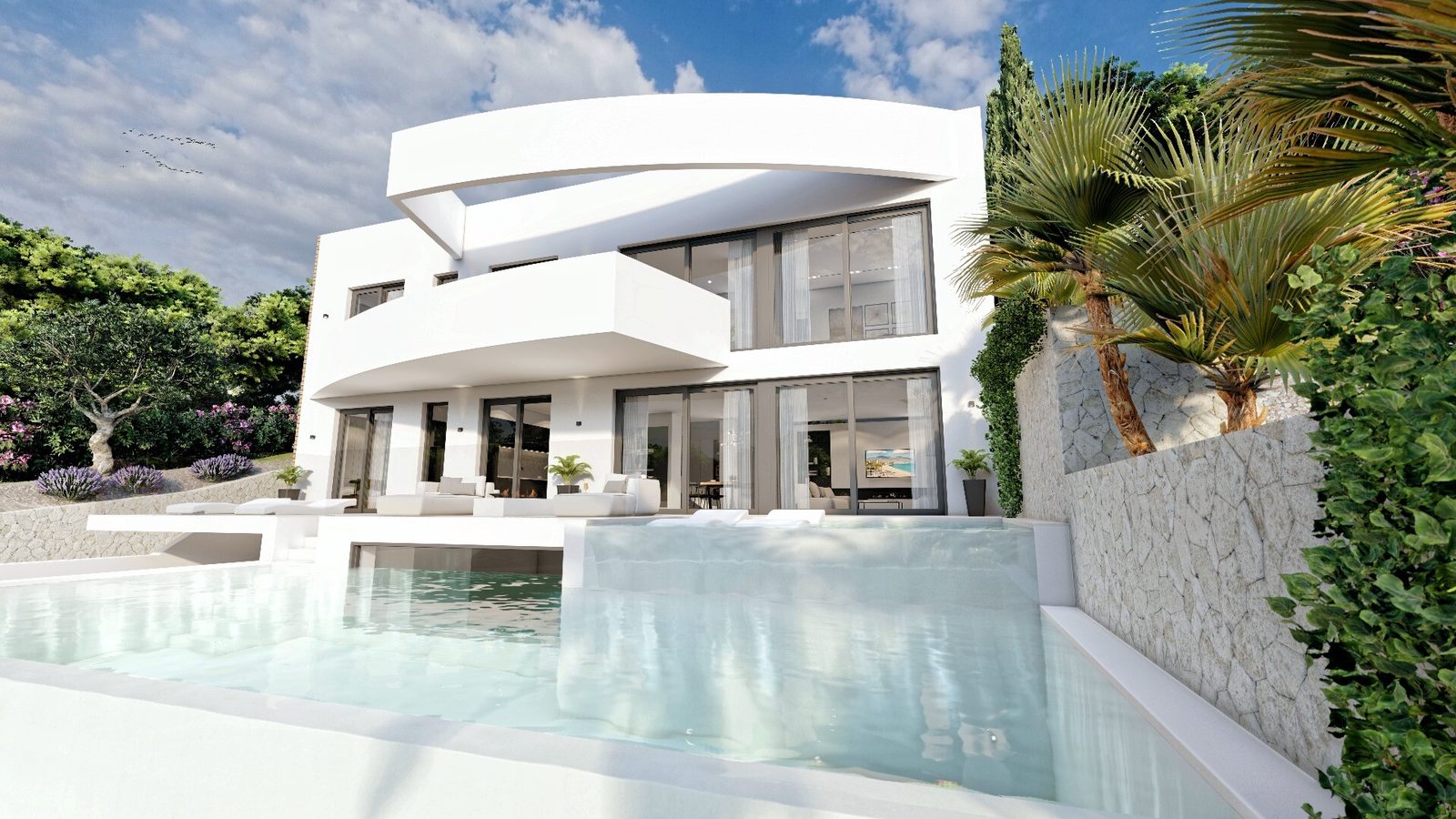 Modern white villa with infinity pool, terraces and palm-lined gardens in Sierra Altea, Altea - The Estates