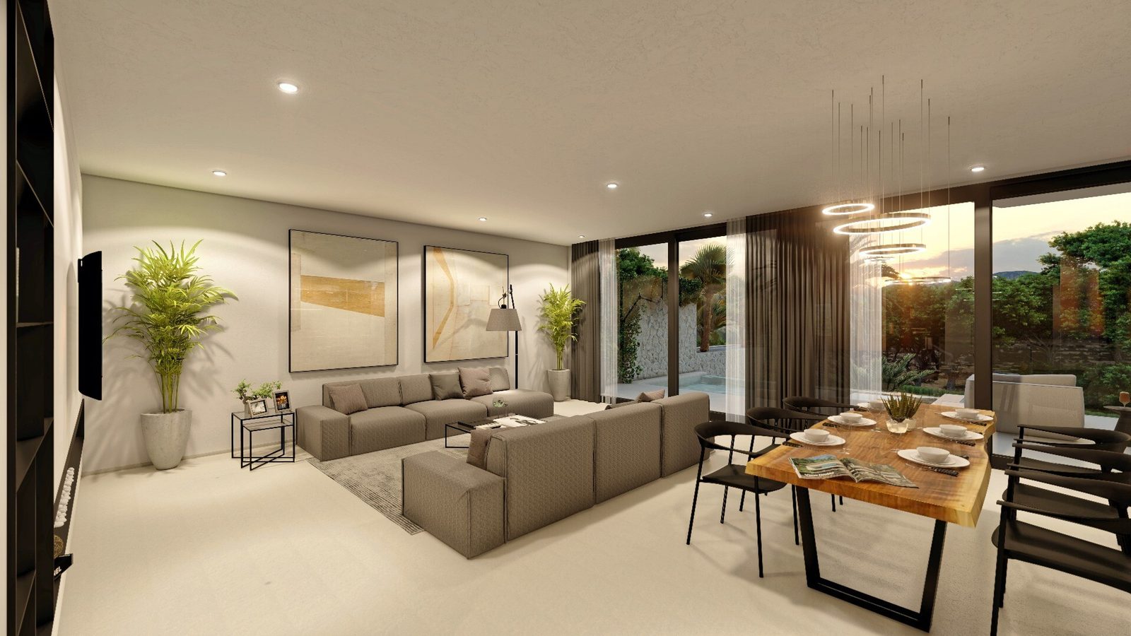 Open-plan living and dining room with contemporary furnishings and garden views in a 4-bedroom villa in Altea - The Estates