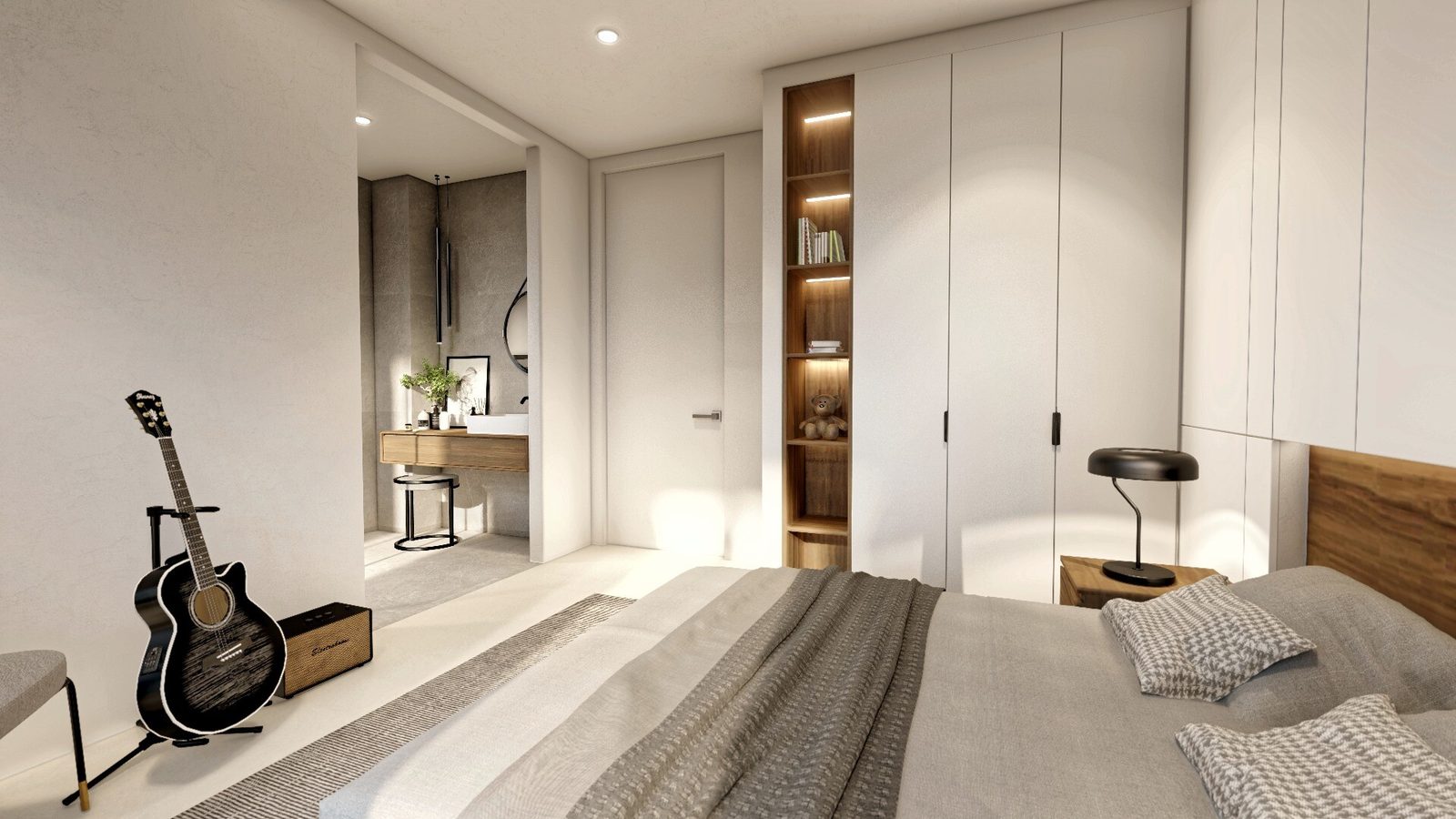 Modern bedroom with built-in wardrobes, dressing area and guitar in a 4-bedroom villa in Altea - The Estates