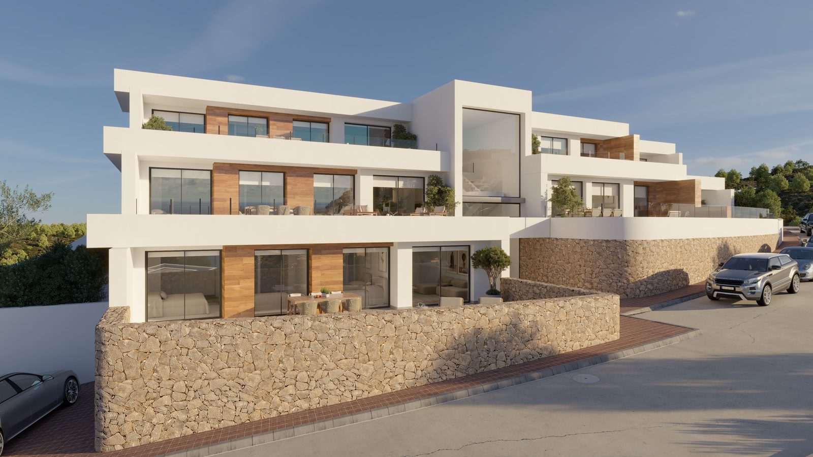 Exterior view of a modern 3-bedroom apartment in Benitachell - The Estates